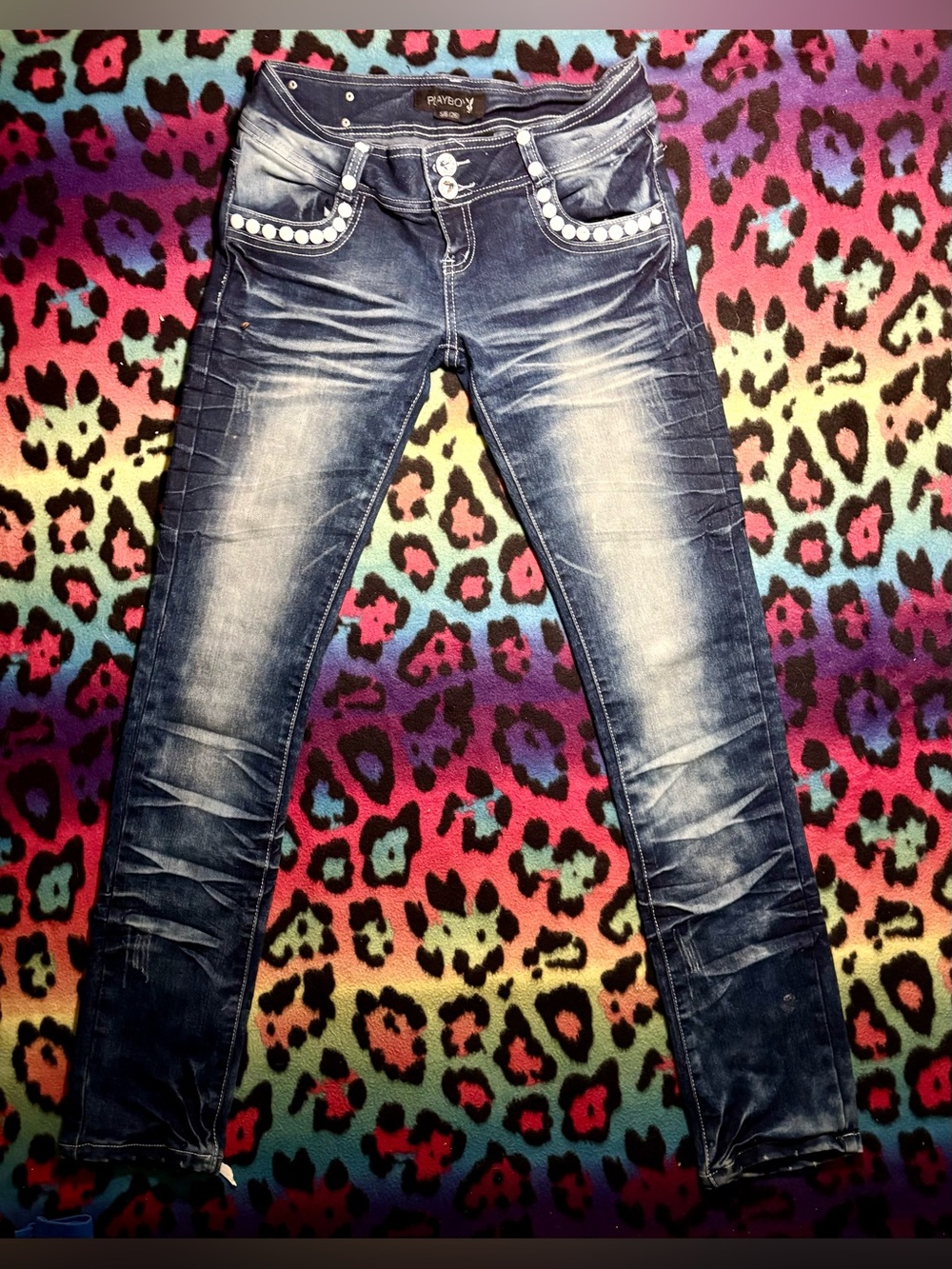Low Rise PLAYBOY Women's Denim Jeans with White Accents